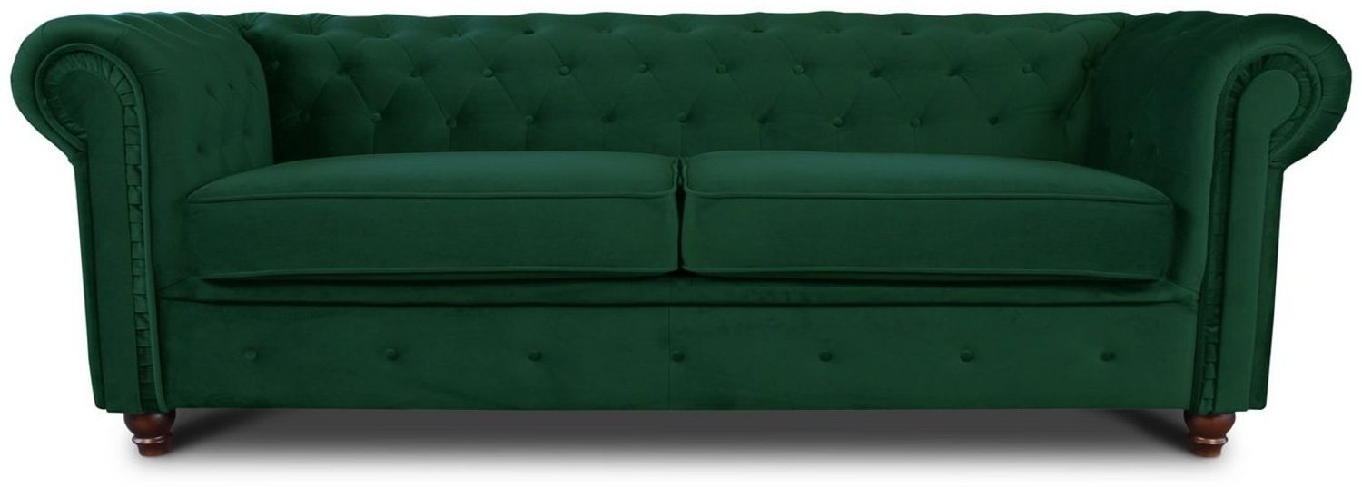 Sofa Chesterfield Asti 3-Sitzer, Couchgarnitur 3-er, Sofagarnitur, Couch mit Holzfüße, Polstersofa - Glamour Design, Velours (Dunkelgrün (Velvet 78)) Bild 1