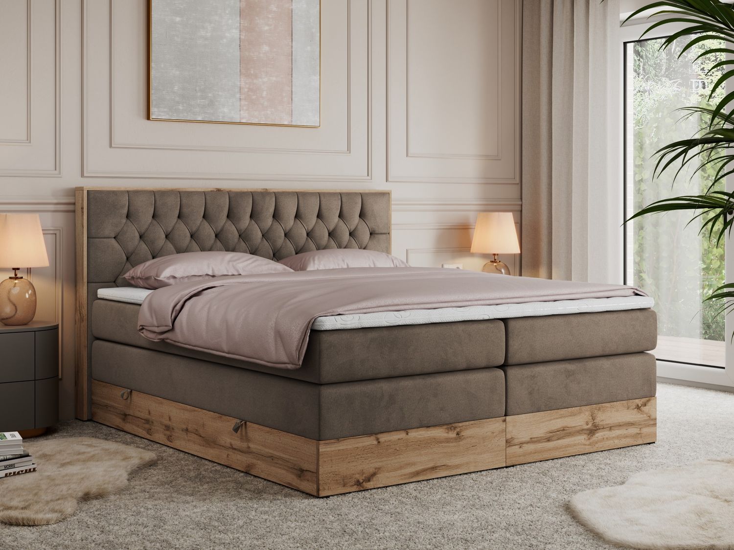 Boxspringbett AMORE KING, Doppelbett mit Multipocket-Matratze, Polsterbett mit Kopfstütze - 140 x 200 cm - Braun Velvet - H3 Bild 1