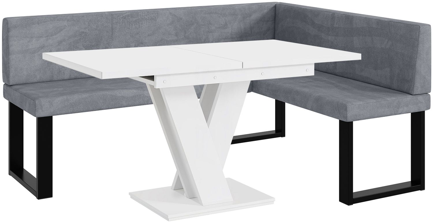MEBLINI Eckbank für Esszimmer mit ausziehbarem Tisch - Küchenbank - Essecke - Sitzecke Küche - TONI - U-Beine 128x168x87cm Rechts - Grau Samt/M Weiß Matt Bild 1