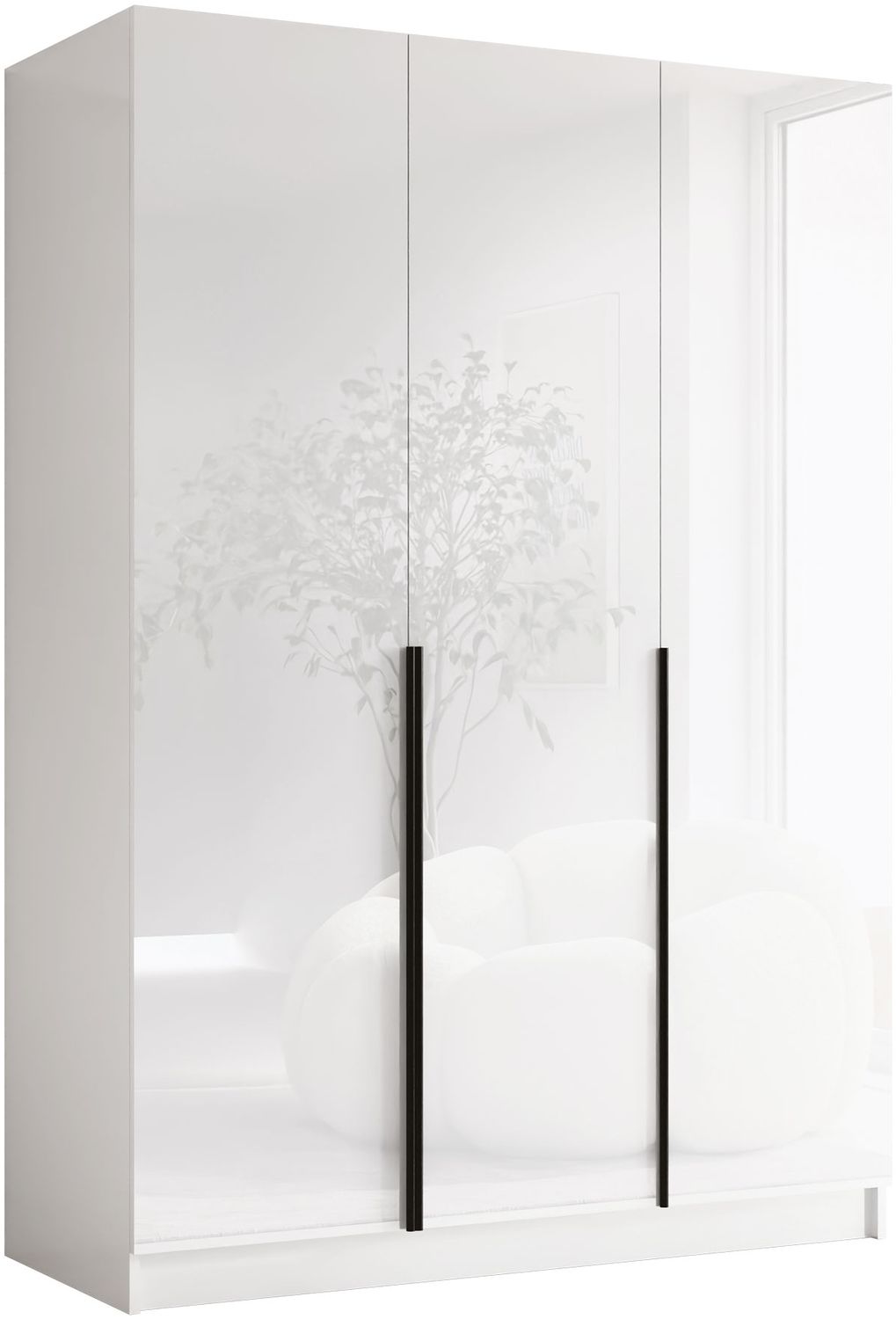 Drehtürenschrank Cikzori I, Kleiderschrank mit 3 Türen (Farbe: Weiß / Weiß Hochglanz + Schwarz) Bild 1