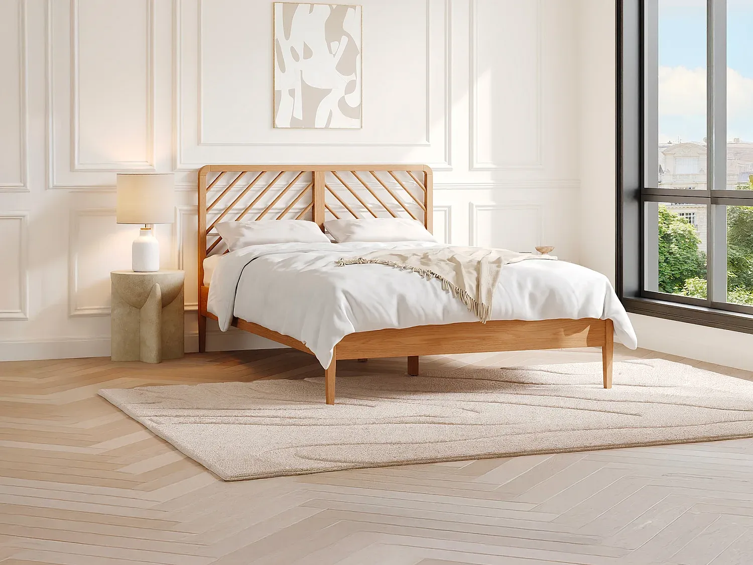 Vente-unique - LERIAKI Bett Holz, PlatteHolz, Platte Beige - B 199,3 cm x H 110 cm x L 147 cm Bild 1