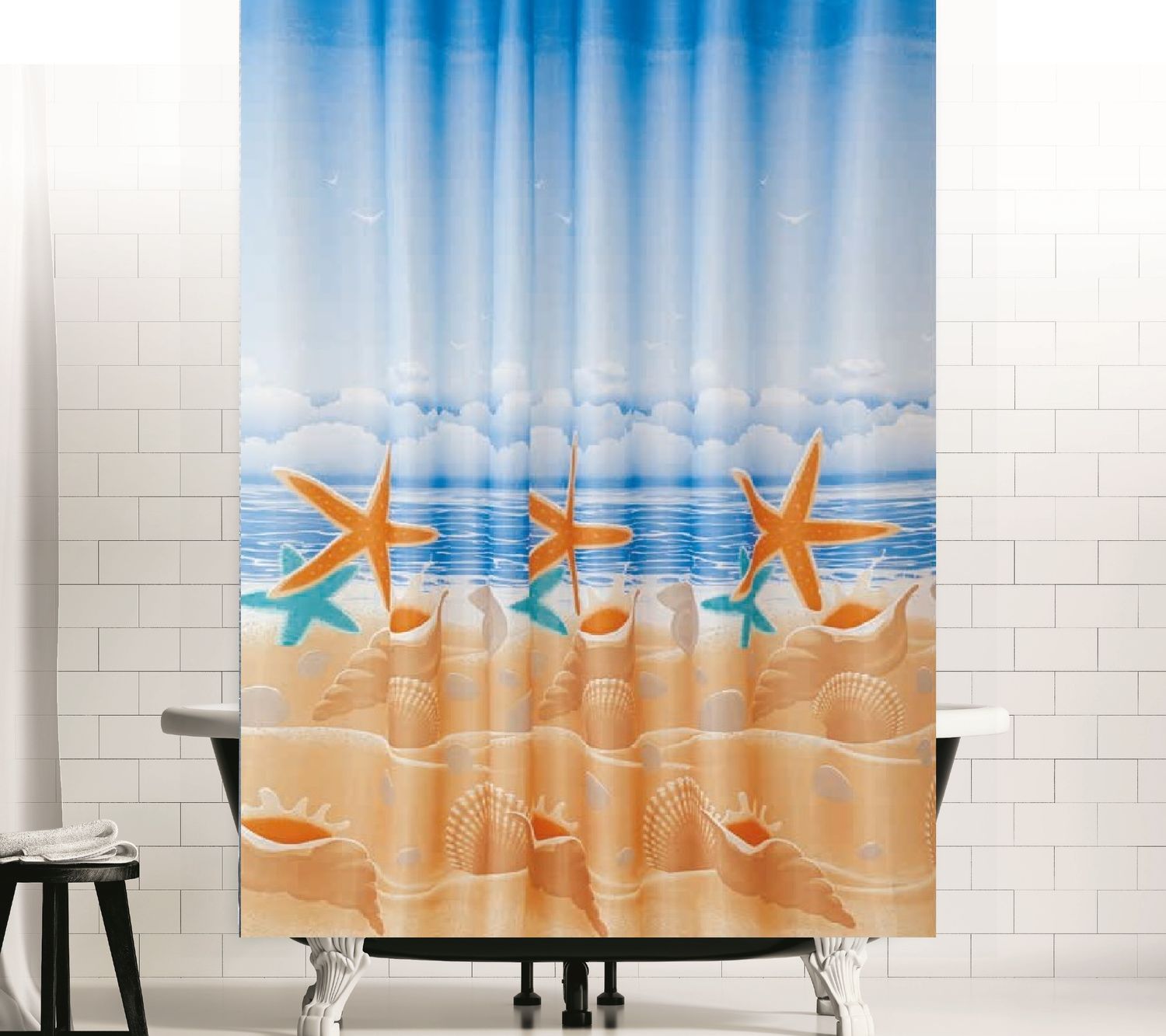 Textil Duschvorhang Modell Sandstrand blau braun 120x200 cm inkl. Duschvorhangringe Bild 1