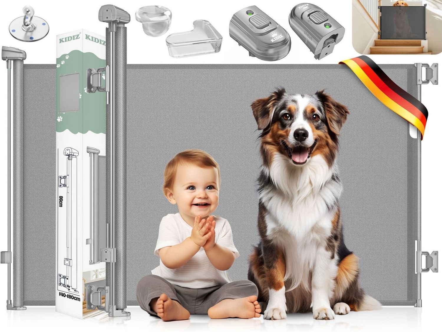 KIDIZ® Treppenschutzgitter Türschutzgitter ausziehbar bis 140/180cm | kindersicheres Treppengitter für Babys & Haustiere | Schutzgitter Treppen & Türen Absperrgitter inkl. Bodenanker & Montagezubehör Hellgrau, 0-140cm Bild 1