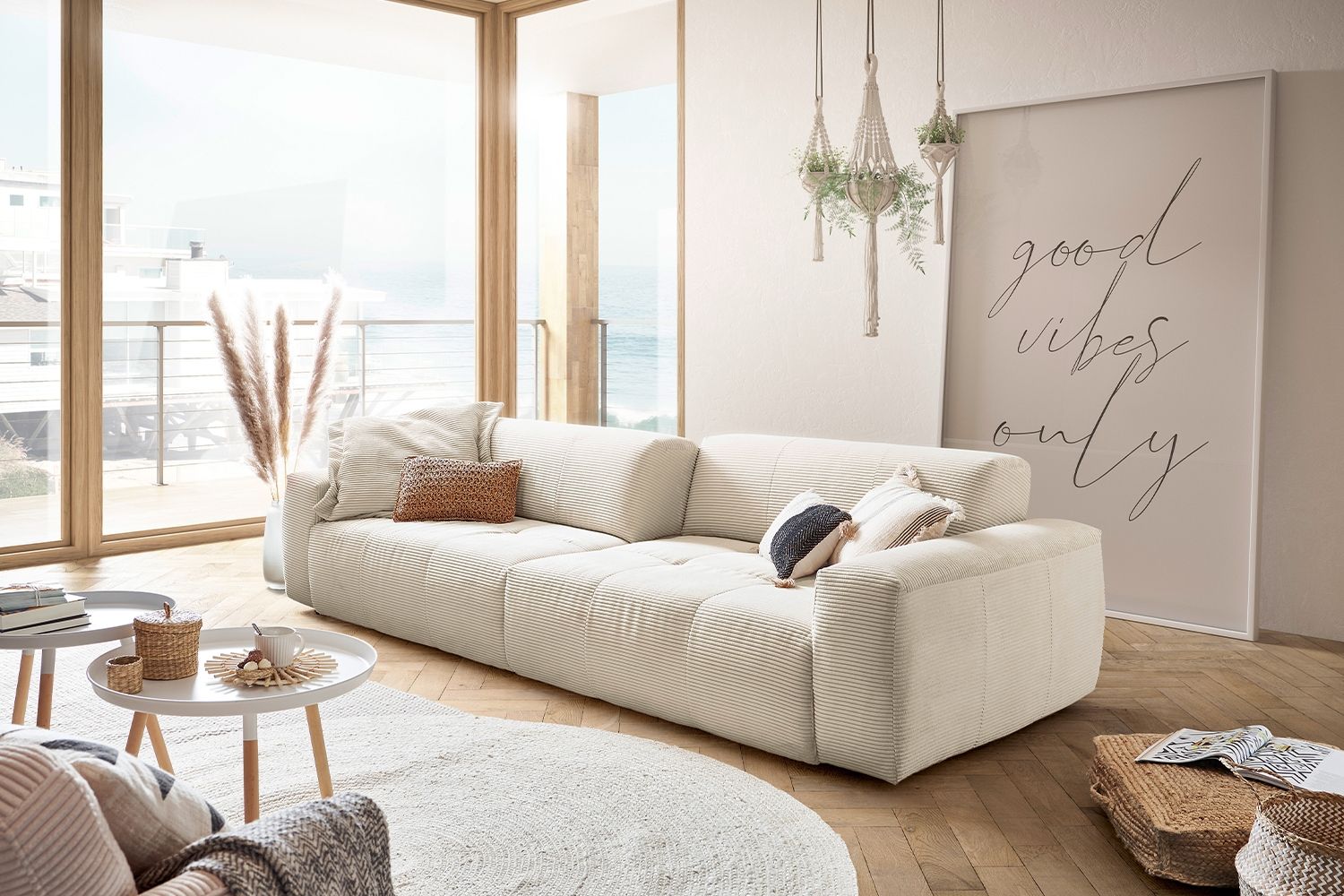 KAWOLA Big Sofa PALACE 3-Sitzer mit Sitztiefenverstellung Cord cremeweiß 74 x 120 x 298 cm Bild 1