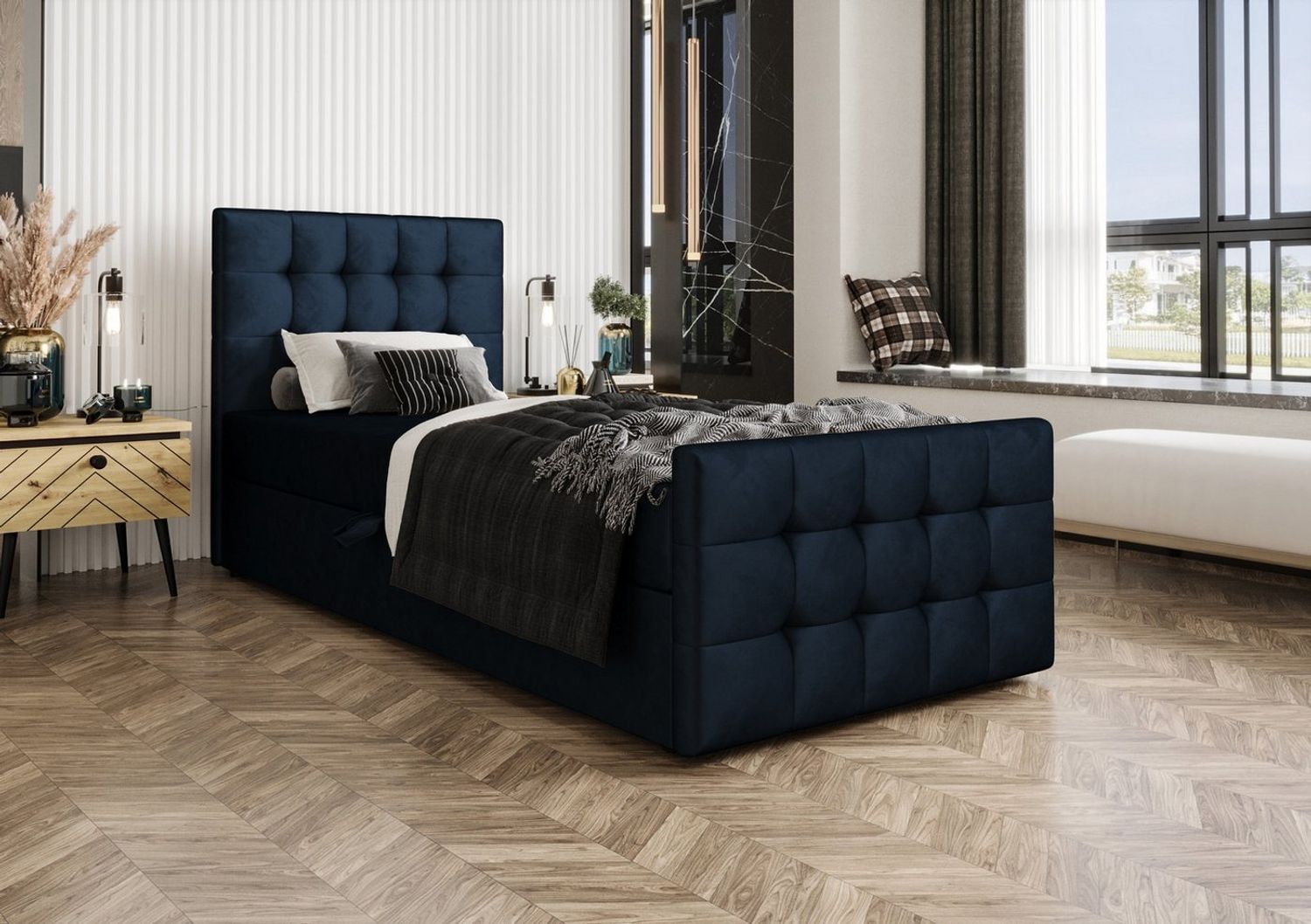 B&B Home 'Coria V' Boxspringbett mit Bettkasten, Samt , Dunkelblau, 100x200 cm Bild 1