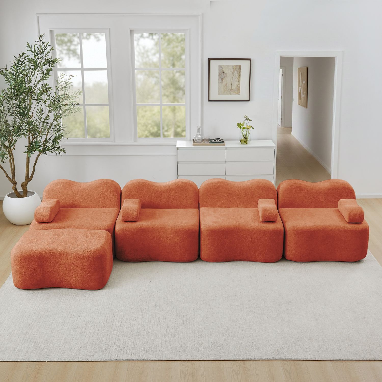 4-Sitzer modulares Ecksofa H 70 x T 384 x B 167 cm mit Ottoman aus Samt, rahmenlos, in Orange Bild 1