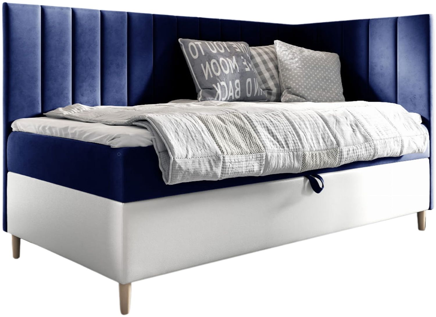 MEBLINI Kinderbett mit Bettkasten MAYA 3 90x200 Rechts – H3/Blau Samt Gepolstert Einzelbett mit Matratze - Polsterbett mit Stauraum - Bett mit Kopfteil – Stauraumbett Bild 1