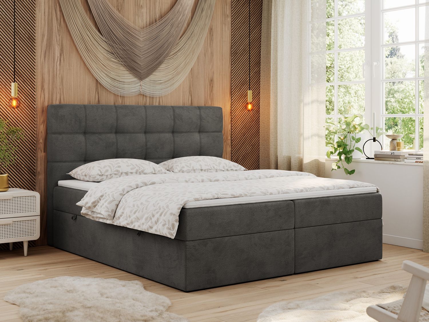Polsterbett Kunstlederbett mit Bettkasten, Stauraumbett - ERNI - 180x200cm - Dunkelgrau Velours - H4 Bild 1