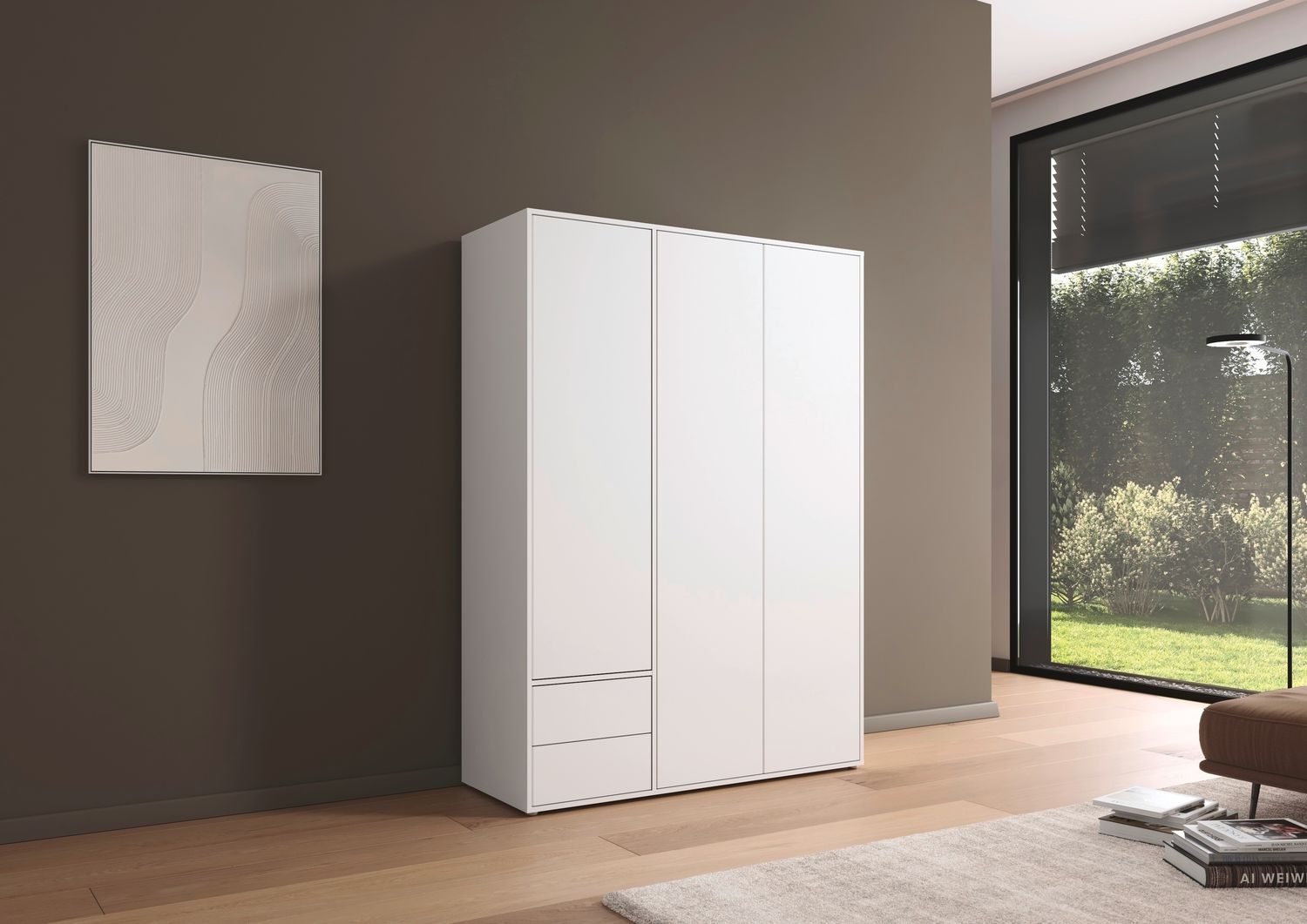 rauch Kleiderschrank Nabila, Drehtürenschrank, Garderobenschrank, 3-türig, 2 Schubkästen, mit 1 Kleiderstange und 3 Einlegeböden, Farbe Weiß, mit Push-to-Open Funktion, 140x194x53cm Bild 1