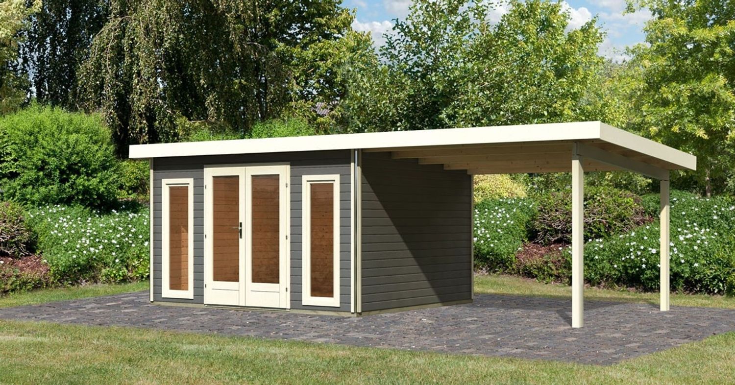 Gartenhaus Radeburg 2 - 369x309 cm plus Anbaudach 3,30m, 40 mm Holz terragrau, Karibu Bild 1