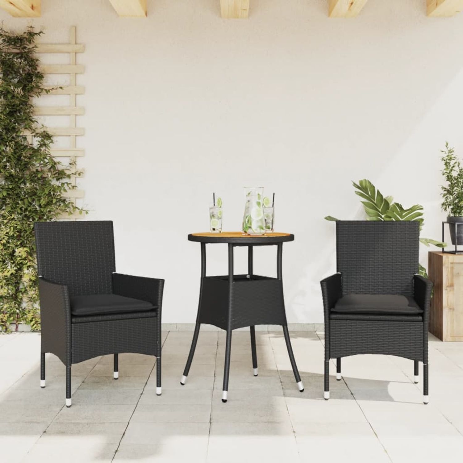 vidaXL 3-tlg. Garten-Essgruppe mit Kissen Schwarz Poly Rattan Akazie 3278729 Bild 1