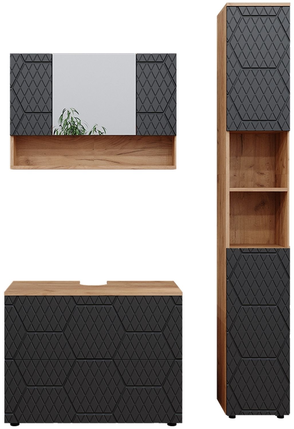 Badmöbel-Set Irma Anthrazit mit Wabenstruktur 3 Teile, mit Spiegelschrank 80 cm Vicco Bild 1