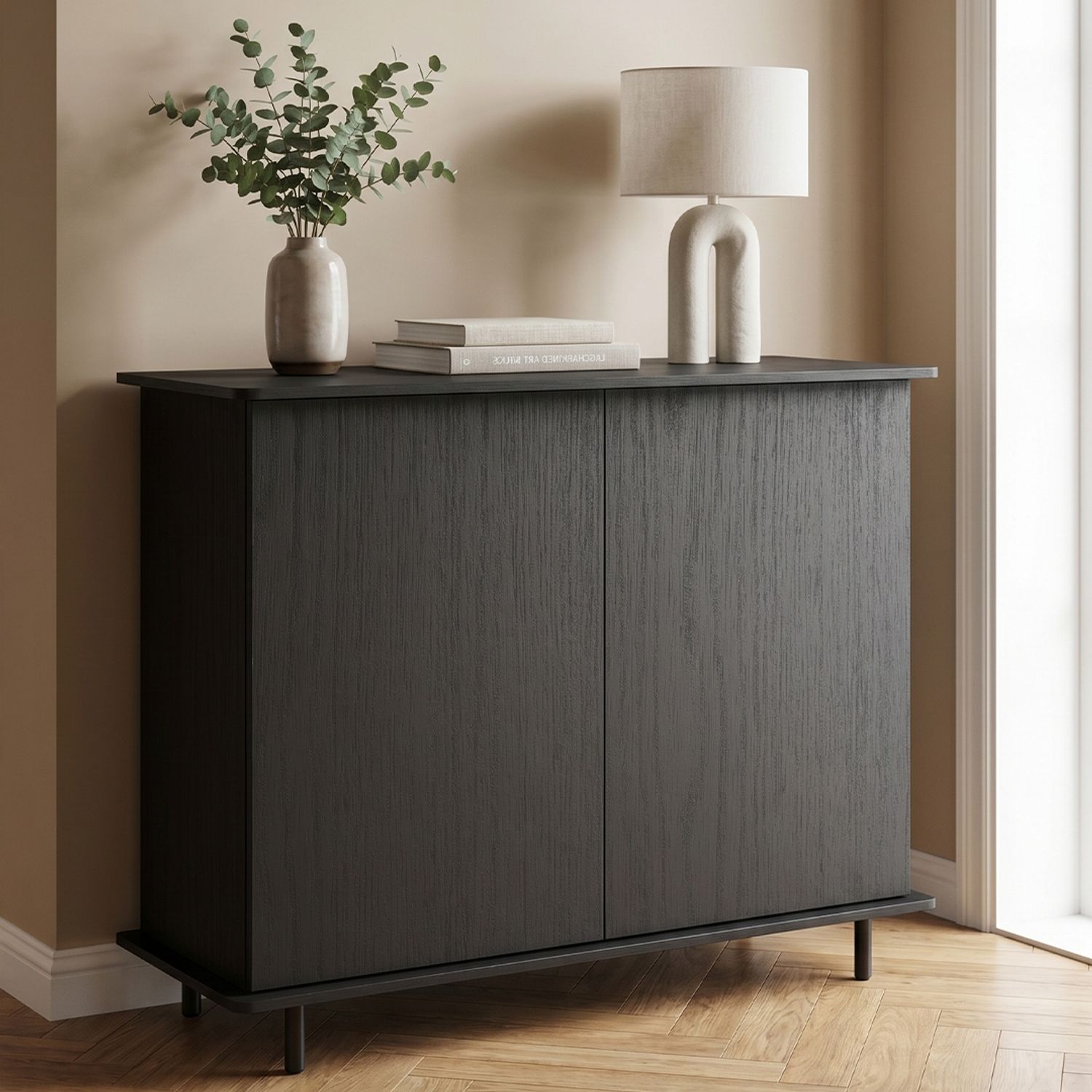 skølm 'Grani' Kommode schwarz, mit 2 Push-to-Open Türen und 5 Fächern, Sideboard mit Metallfüßen, 85x42x105 cm Bild 1