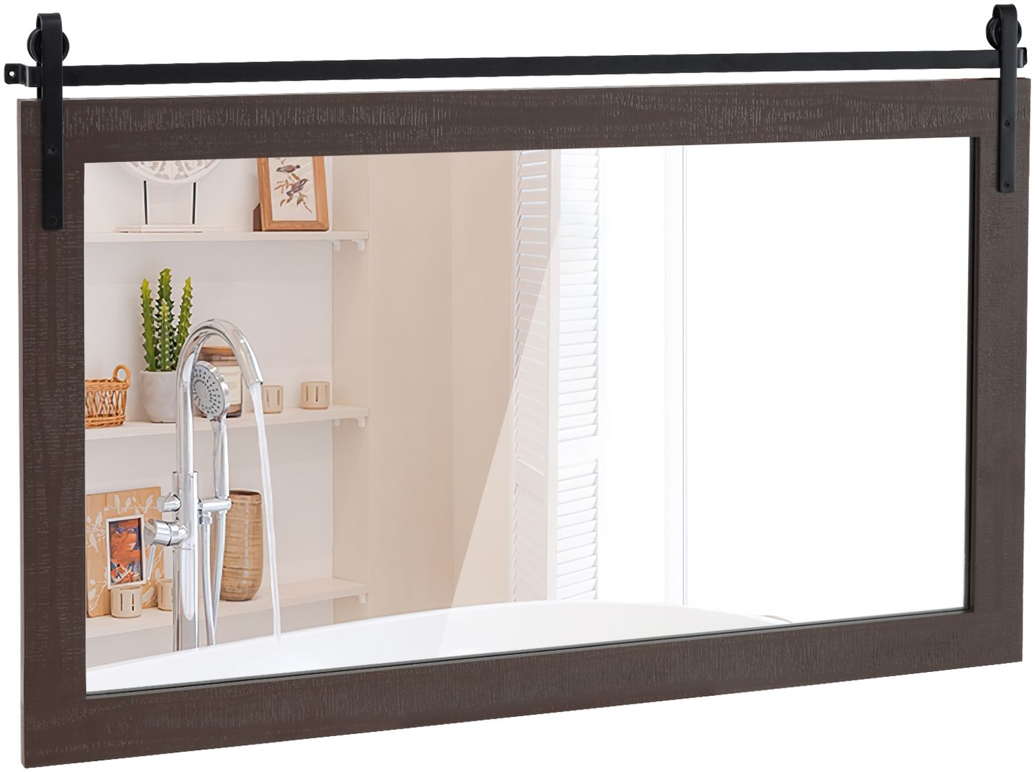 Rechteckiger Spiegel mit Holzrahmen Unbrechbarer Wandspiegel Rustikaler Hängespiegel Dunkelbraun Bild 1