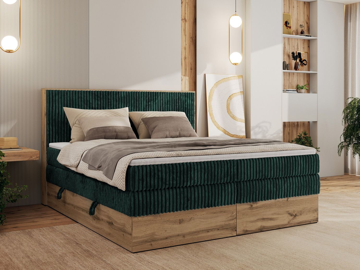 Boxspringbett, Set mit zwei Multipocket-Matratze und Topper, hohe Kopfteil, Eiche Wotan Holzrahmen - WOOD CLASSIC KING - 200 x 200 cm - Dunkelgrün Cord - H4 Bild 1