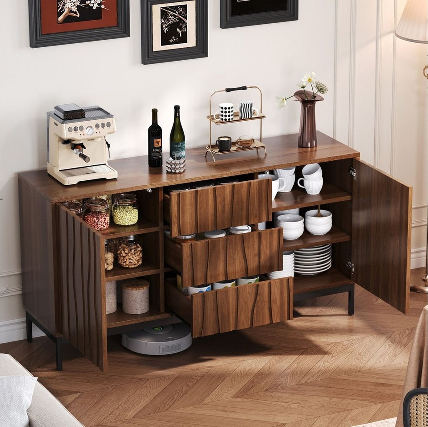 Flieks Kommode mit 3 Schubladen und 2 Türen (1 St, 150x40x80 cm, mit verstellbare Regal), Sideboard Küchenschrank Wohnzimmer Eichefarbe Bild 1