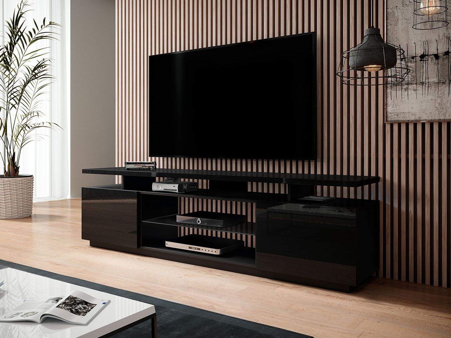 TV-Lowboard Lostino, ohne Beleuchtung, Schwarz / Schwarz Hochglanz, 180 x 56 x 40 cm Bild 1