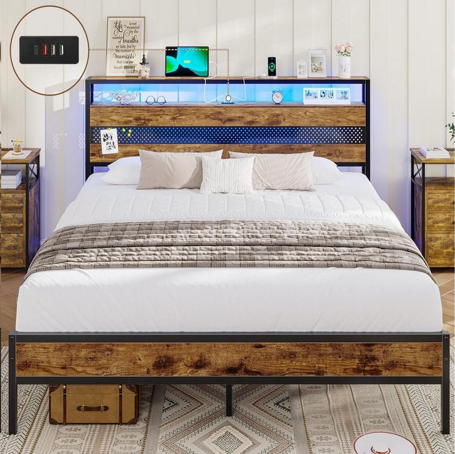 MSMASK Metallbett Bettgestell mit Steckdose und USB-Ladefunktion (Ohne Matratze), Jugendbett, 140x190 cm Bild 1