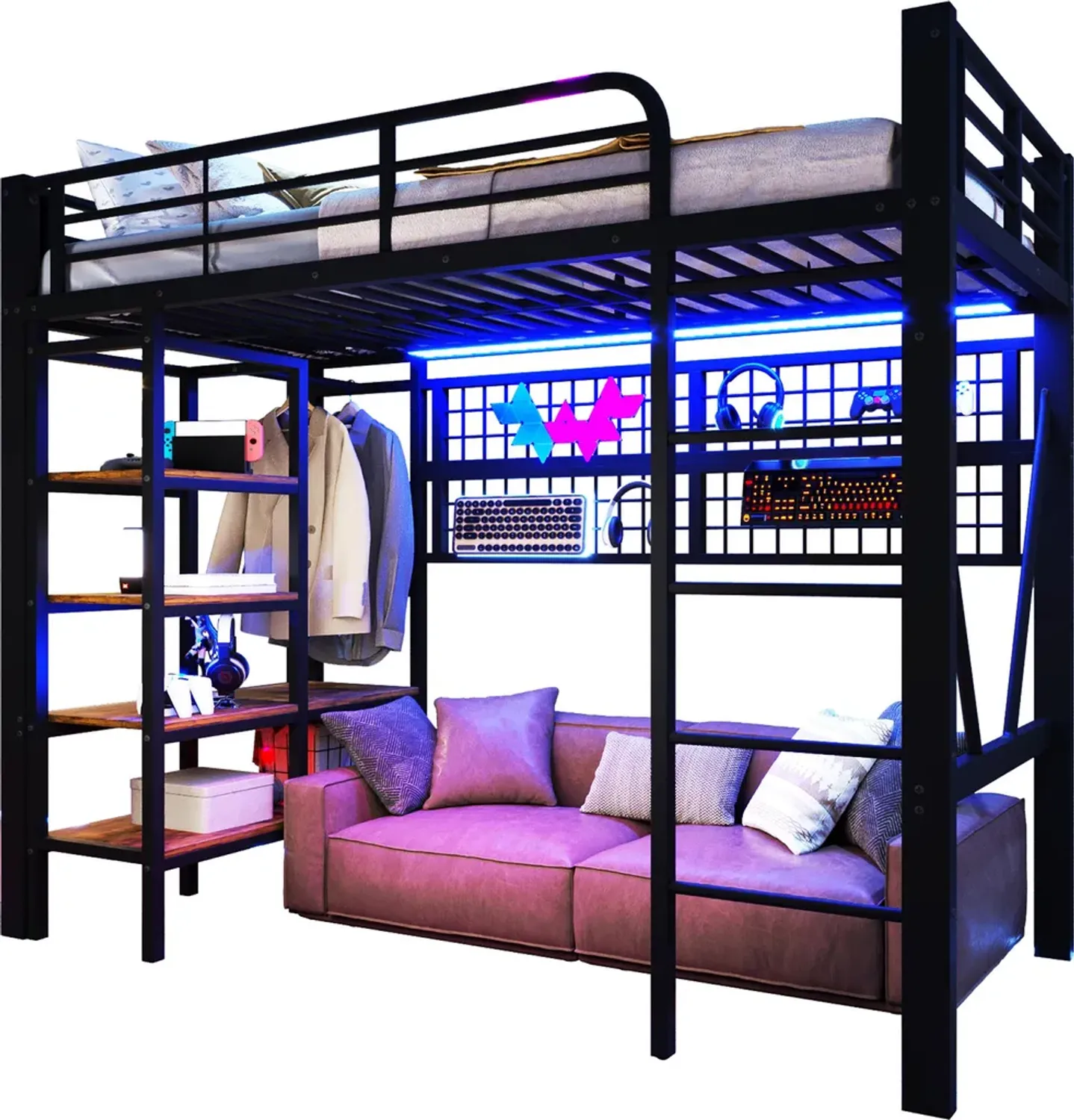 Hochbett mit Regal, LED-Beleuchtung, Kleiderstange, Wandgitter, Leiter, Rausfallschutz, 90x200cm, Kinderbett, Metallbett Bild 1