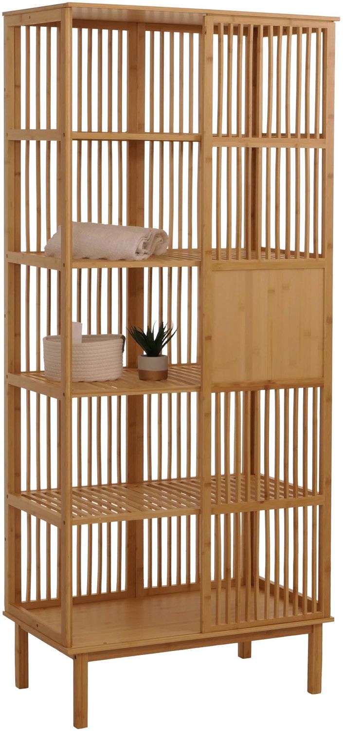 Mendler 'HWC-N81' Badregal mit 3 Regalböden und Schiebetür, Bambus natur, 80 x 45 x 186 cm Bild 1