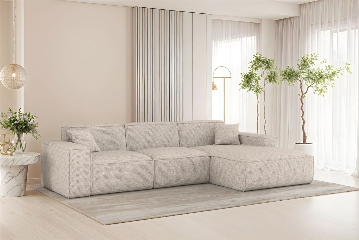 Ecksofa Designersofa CELES PREMIUM in Stoff Artico Creme Ottomane Rechts Bild 1