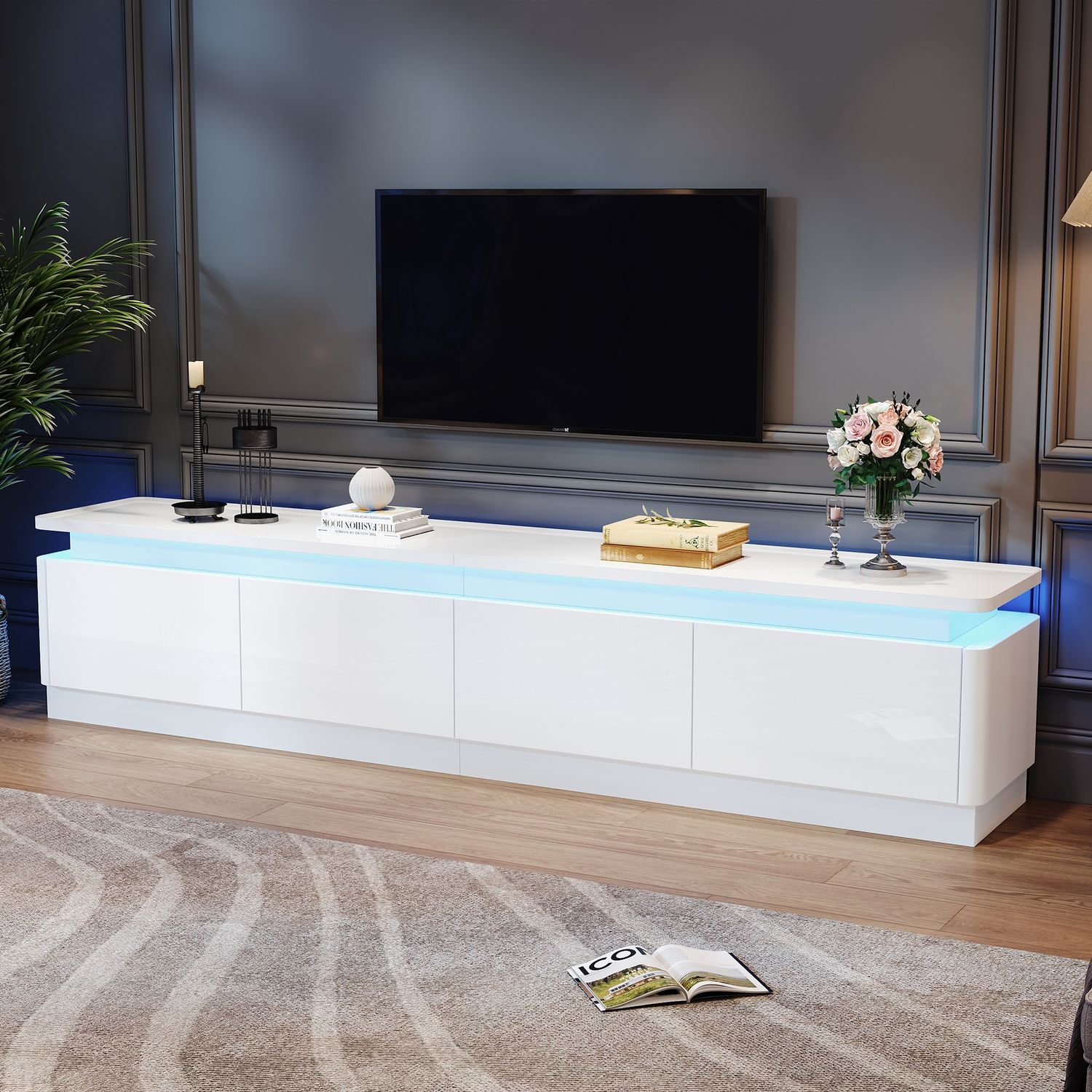 TV-Schrank 180 x 34 x 40 cm, Hochglanz Lowboard aus Spanplatte mit 4 Schubladen und LED, Weiß Bild 1