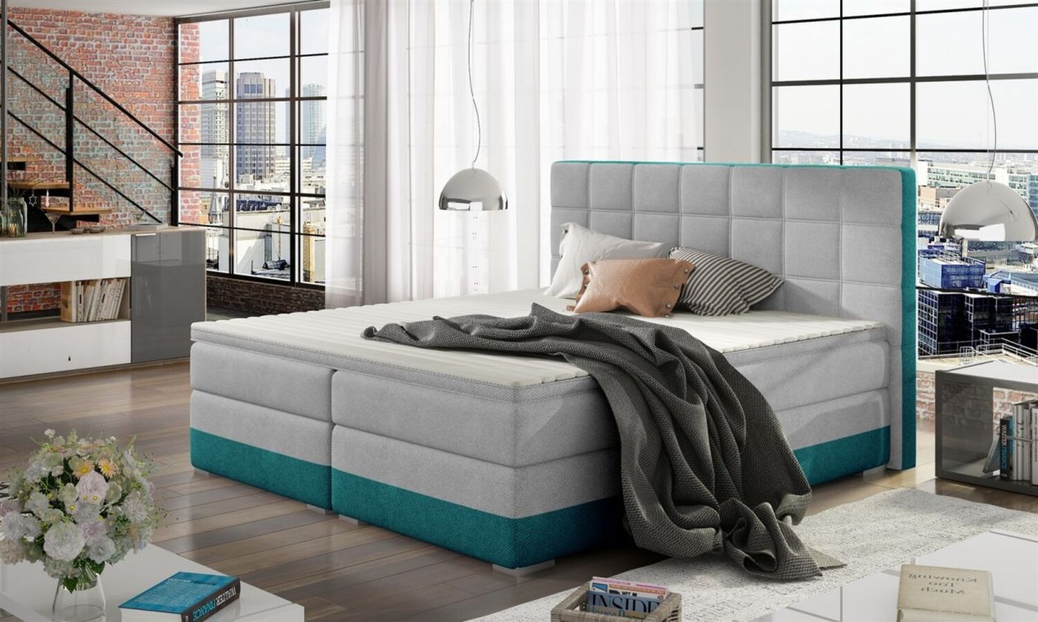 Boxspringbett PRATO Polyesterstoff Hellgrau/ Türkis 180x200 cm Bild 1