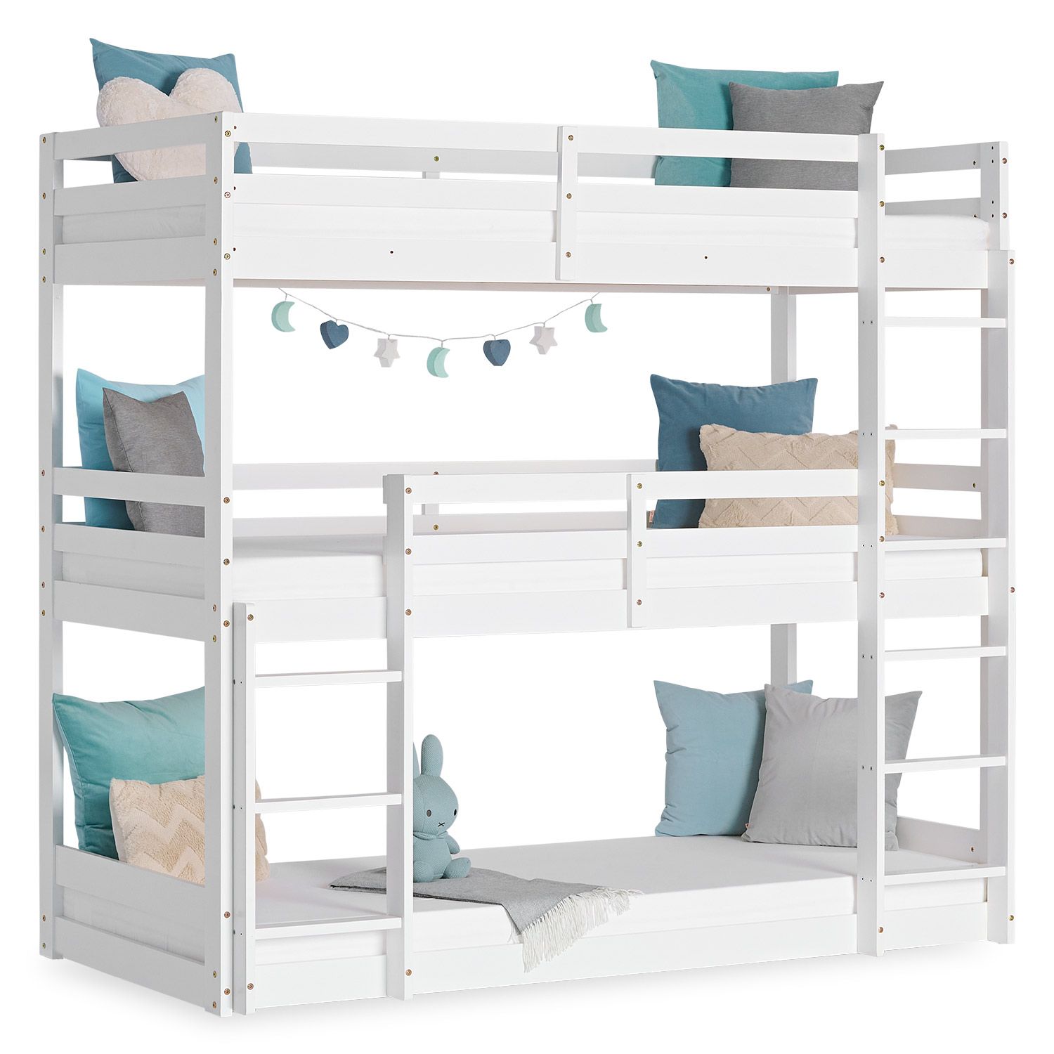 Homestyle4u Etagenbett mit 3 Liegeflächen, Kiefernholz weiß, 90x200 cm Bild 1