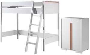 LONDON Hochbett Set, best. aus Hochbett mit Liegefläche 90x200 cm und Wäscheschrank, Ausf. Dekor Weiß, Absatz Buche natur massiv