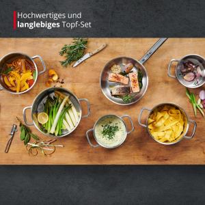 MEISTERKOCH 4-teiliges Topfset aus Edelstahl, Induktion, Spülmaschinengeeignet | mit modernen flachen Glasdeckeln, Topf mit Innenskalierung, Kaltgriffe, Abgießrand, lange Wärmespeicherung