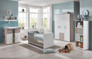 Babyzimmer 4-teilig, Babybett, Wickelkommode, Kleiderschrank & Umbauseite, Lotti Komplettset