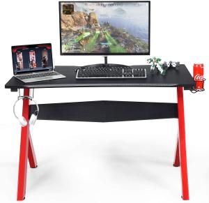 COSTWAY Gamingtisch Computertisch, Gaming Schreibtisch mit Tassen- und Kopfh?rerhalter und Mauspad, Laptoptisch mit R-f?rmigem Stahlgestell, PC Tisch für Zuhause Büro Spielzimmer