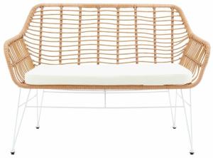Sitzbank Rattanoptik 120 x 69 cm Natur mit Metallgestell und Sitzkissen Weiß