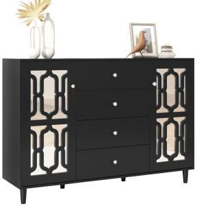 Merax Sideboard mit Spiegelelementen und geometrischem Trellis-Muster, Kommode mit vier Schubladen und Spiegelfront,Anrichte,Breite:147cm