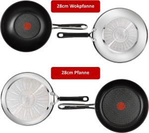 TEFAL E30 Jamie Oliver 5Tlg. Pfannenset (Edelstahl, Beschichtung: Titanium) 20 cm + 25 cm Schmorpfanne mit Deckel + Pfannenschoner und Wender