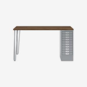 MultiDesk, 2 Stahlfüße, 1 MultiDrawer mit 10 Schüben, Dekor Nussbaum, Farbe Silber, Maße: H 740 x B 1400 x T 600 mm