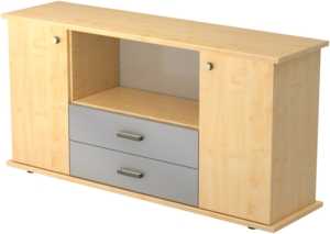 bümö Sideboard Ahorn mit Flügeltüren & Regal - Büromöbel Sideboard mit Schubladen Holz 166cm breit, 45cm schmal, Büro Schrank für Flur oder als Wohnzimmer-Kommode mit Streifengriff, SBTS-3-3-SG