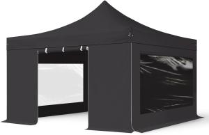 4x4 m Faltpavillon PROFESSIONAL Alu 40mm, Seitenteile mit Panoramafenstern, schwarz