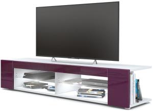 Vladon Lowboard Movie, TV-Kommode mit 4 offenen Fächern und Zierleisten, Weiß matt/Brombeer Hochglanz, inkl. LED-Beleuchtung weiß (134 x 29 x 39 cm)