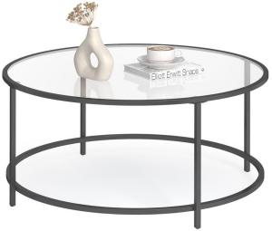Vasagle Couchtisch, Beistelltisch rund, Glastisch mit Metallgestell, Hartglas, Nachttisch, Sofatisch, für Balkon, schwarz, Ø 84x45,5 cm