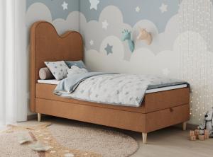 Kinderbett FLOW, Boxspringbett für Kinder, mit hohem Kopfteil, Einzelbett mit Matratze - 90x180 - Orange Stoff - Topper T25