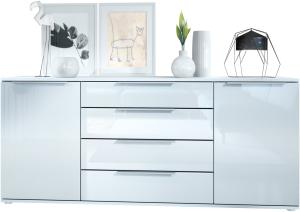 Vladon Sideboard Linio V2 166,5 x 72,5 x 35 cm Anrichte mit 2 Türen und 4 Schubladen, Korpus in Weiß matt, Fronten in Weiß Hochglanz