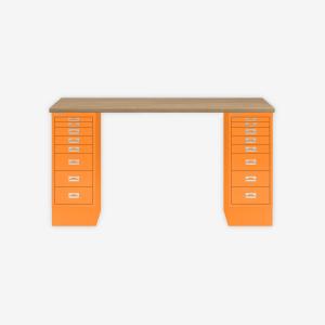 MultiDesk, 2 MultiDrawer mit 8 Schüben, Dekor natürliche Eiche, Farbe Orange, Maße: H 740 x B 1400 x T 600 mm