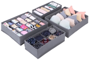 SONGMICS Unterwäsche-Organizer 4er Set, Schubladen-Organizer, faltbar, Ordnungssystem Kleiderschrank, Aufbewahrungsbox Schrank, Stoffboxen Aufbewahrung, für BHs, Socken, Krawatten, grau