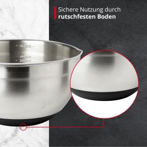 MEISTERKOCH Schüssel 4,5 Liter aus Edelstahl in silberfarben, mit Innenskalierung und Ausguss, rutschfester Boden, Rührschüssel, Salatschüssel, Schale, Bowl, ideal zum Mischen, stapelbar