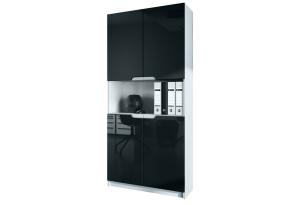 Vladon Büroschrank Logan V2, Aktenschrank mit 5 Fächern und 4 Türen, Weiß matt/Schwarz Hochglanz (82 x 184 x 37 cm)