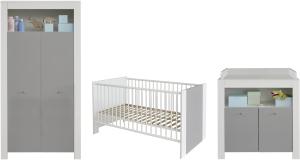 trendteam Babyzimmer 3-teiliges Komplett Set Pia Baby, 215 x 186 x 69 cm in Front Weiß Melamin mit Absetzungen Lichtgrau, Korpus Weiß Melamin mit viel Stauraum
