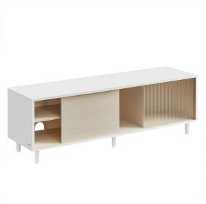 Vasagle TV-Schrank für Fernseher bis zu 60 Zoll, superschnelle Montage, Toolless-Technologie, Fernsehtisch Wohnzimmer, geriffeltes Glas modern, 140 x 39 x 45 cm, wolkenweiß-naturbeige