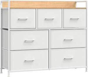 Songmics Kommode, Schrank, 7 Stoffschubladen mit Griffen, Metallgestell, Industrie-Design, wolkenweiß-eichenbeige