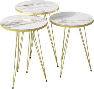 moebel17 5385 EYGD08 - Beistelltisch 3 er Set rund - Satztisch mit Metallgestell, Wohnzimmertisch Tisch, Braun Marmoroptik, vergoldet, Breite 38 cm x Höhe (H) 45,5 cm (H) 49,5 cm (H) 53,5 cm